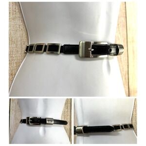 Vtg Bill Blass Stretch Belt S/M Black Leather Silver Metal Link Minimalist Biker